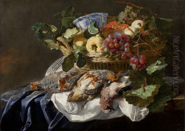 Still Life of a Jay and two Grey Partridge with Grapes, Pears, Apples and a wan-li kraak Bowl in a Basket on a Table Oil Painting by Jan Fyt