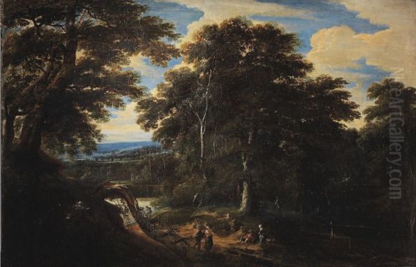 Figures on a path in an extensive wooded landscape Oil Painting by Jacques d'Arthois