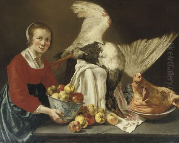 Kitchen maid holding a porcelain bowl with apples, standing by a table with a goose and a pig's head Oil Painting by Willem Van Odekercken