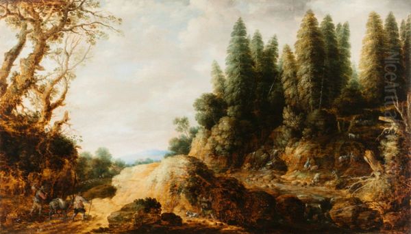 Wooded landscape with hikers, mule and goats Oil Painting by Gillis Peeters