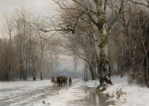 Vinterlandskab med hestevogn. Oil Painting by Anders Andersen-Lundby