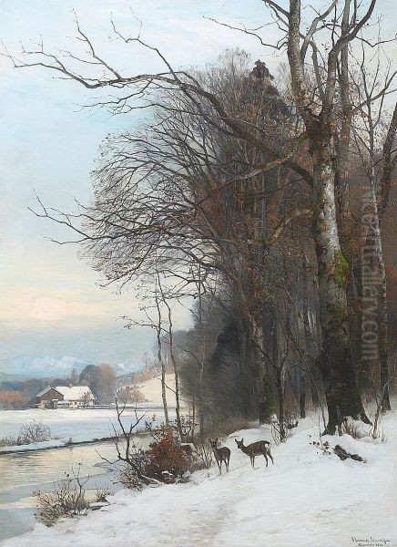 Winter landscape from South Germany with deer, woodlands and a stream. Oil Painting by Anders Andersen-Lundby