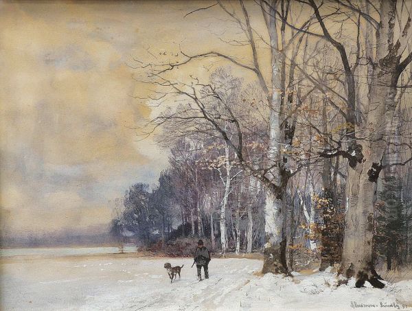 Hunter and his dog at the edge of a forest. Oil Painting by Anders Andersen-Lundby