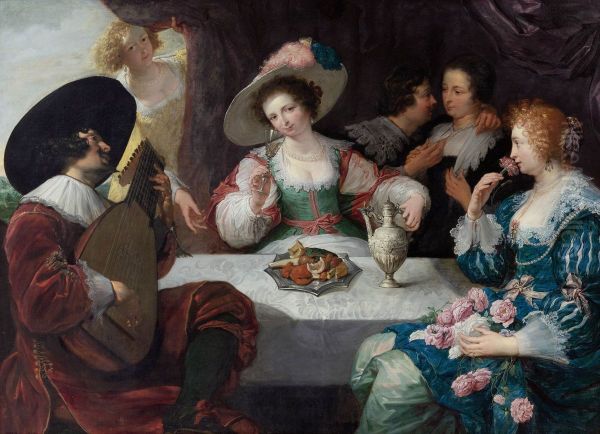 An elegant company seated at a table (Allegory of the five senses) Oil Painting by Jan Cossiers