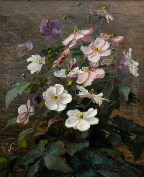 Opstilling med lilla blomster. Oil Painting by Signe Andreasen