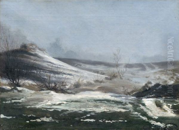 A Danish landscape with snow. Oil Painting by Carl Frederik Aagaard