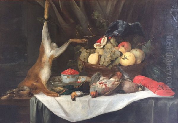 Still life with a hare, fruit basket and game on a table Oil Painting by Pieter Van Overschie