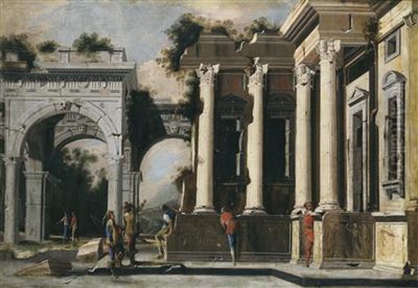 Ruins and columns in composite order with arch Oil Painting by Ascanio Luciano