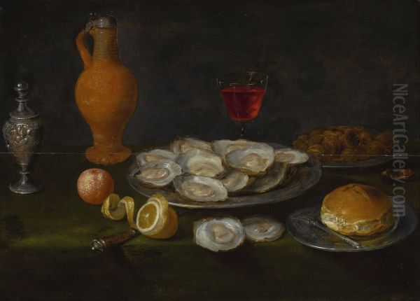 Still life with oysters, chestnuts, all on pewter plates, together with a peeled lemon, an orange and other items on a table Oil Painting by Jacob van Es