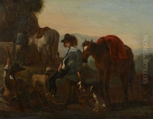 Landscape with hunters resting Oil Painting by Jan Miel