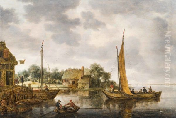 River landscape with a ferryboat Oil Painting by Gillis Peeters