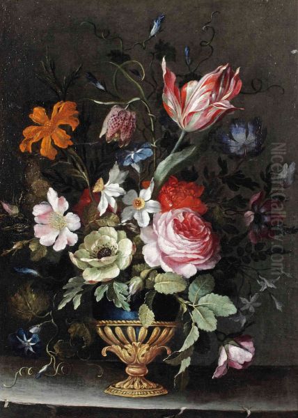 Roses, peonies, a tulip, daffodils, morning glory and other flowers in a blue lacquer and gilt vase on a stone ledge Oil Painting by Jan Pieter Brueghel