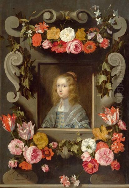 Portrait of an unknown girl in a cartouche adorned with flower garland Oil Painting by Jan Brueghel the Younger