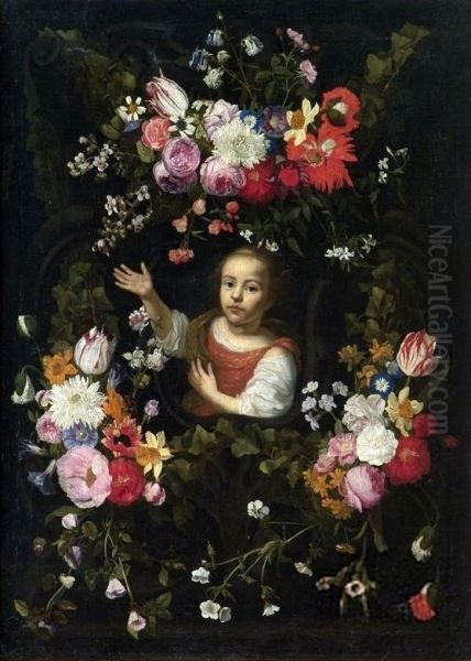 A girl in a garland of flowers. Oil Painting by Jan Philip van Thielen