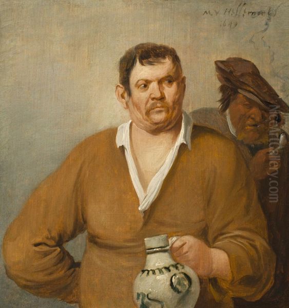 Drinker with a stoneware pitcher and a smoker with a pipe Oil Painting by Mattheus van Helmont