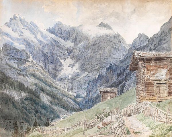 Alpehytter i Schweiz, Murren, Sefinenthal. Oil Painting by Janus la Cour