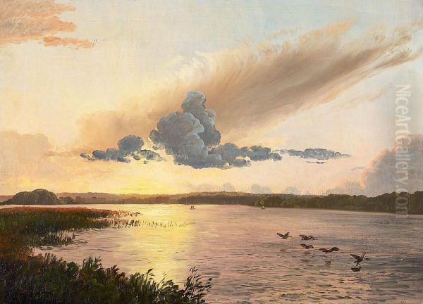 Solnedgang over so. Oil Painting by Carl Frederik Aagaard