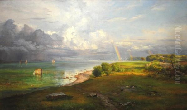 Bortdragende Tordenbyge ud over Oresund. Fra Hellebaek. Oil Painting by Carl Frederik Aagaard