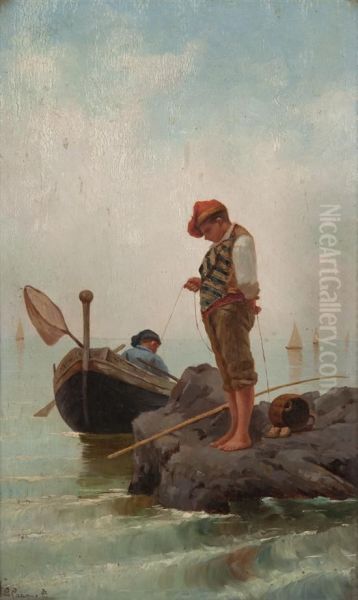 Two Boys Fishing Oil Painting by Gaetano Capone