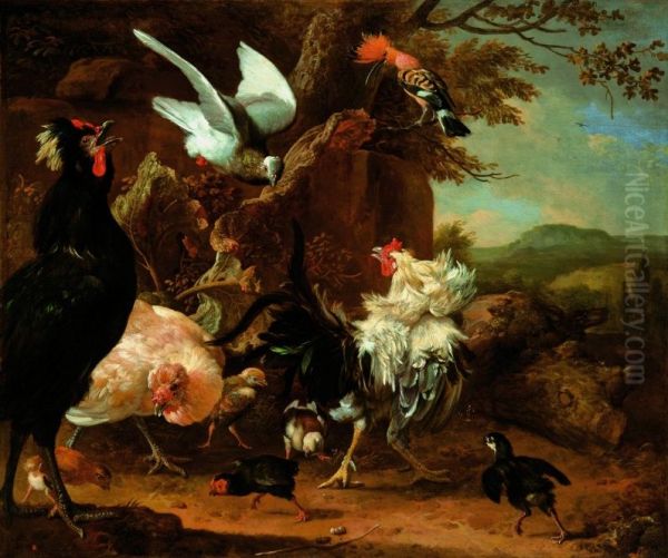 Two roosters, a hen with chickens, a dove and a hoopoe. Oil Painting by Melchior D'Hondecoeter