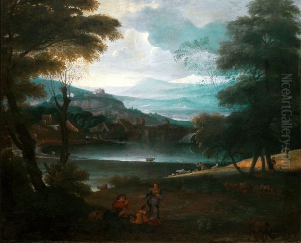 Landscape with resting shepherds. Oil Painting by Giovanni Francesco Grimaldi