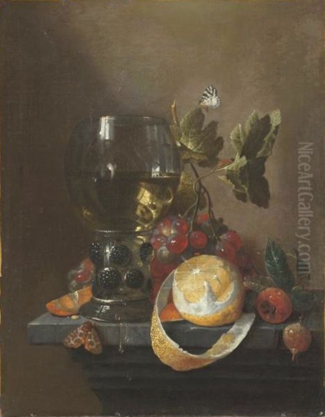 Still life with fruit and a glass on a ledge Oil Painting by Joris Van Son