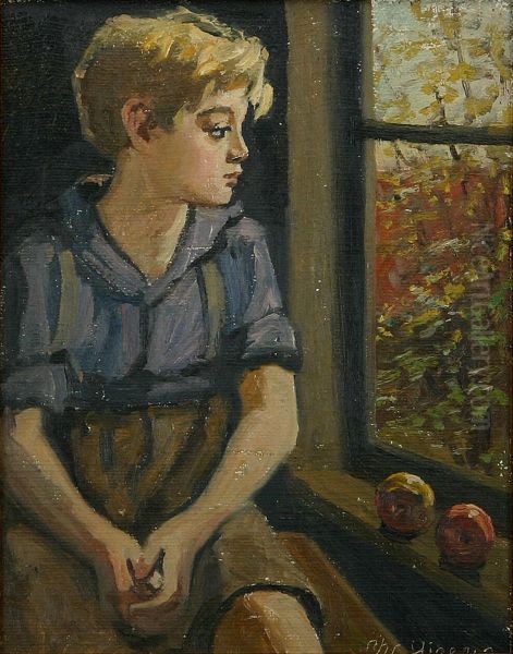 A boy sitting at a window with two apples. Oil Painting by Christian Aigens