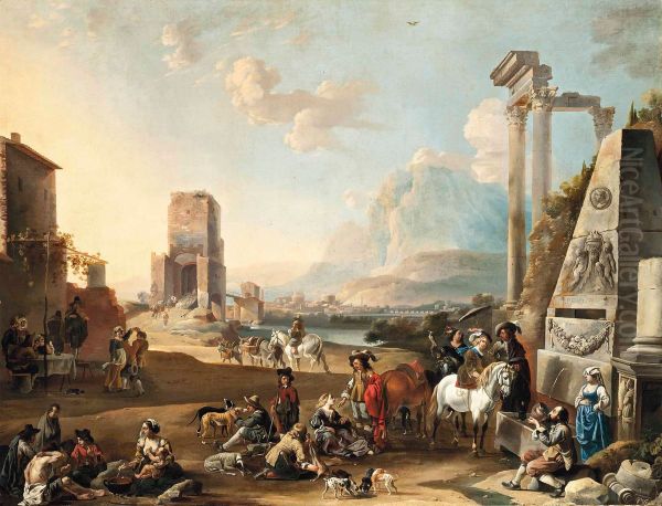 Italianate classical landscape with figures resting near a fountain, others making merry, a town by a river beyond Oil Painting by Anton Goubau