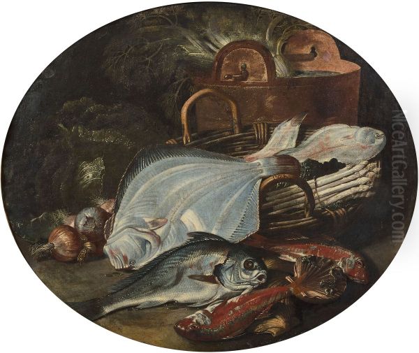 Still life with fish and vegetables Oil Painting by Jacob van der Kerckhoven