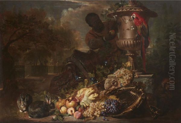 Still Life of Fruit on a Silver Dish with Figure, Rabbits, Parrot, and Monkey Beneath a Broken Capital and an Ornamental Urn Oil Painting by David de Coninck