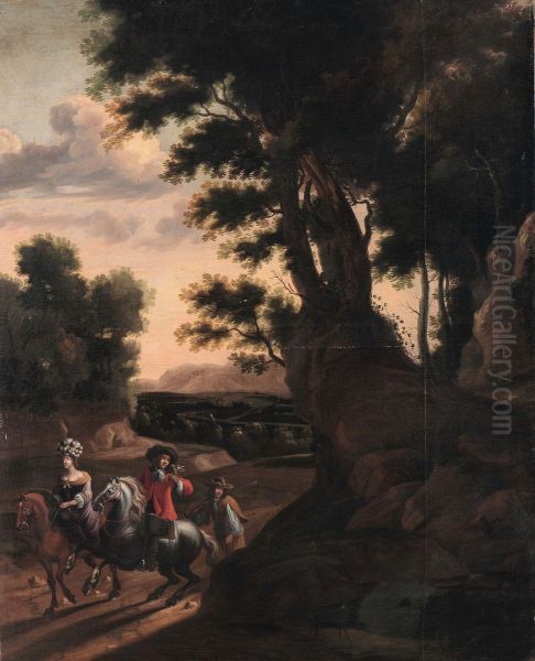 Elegant party on horseback on a path among trees Oil Painting by Melchior Hamers