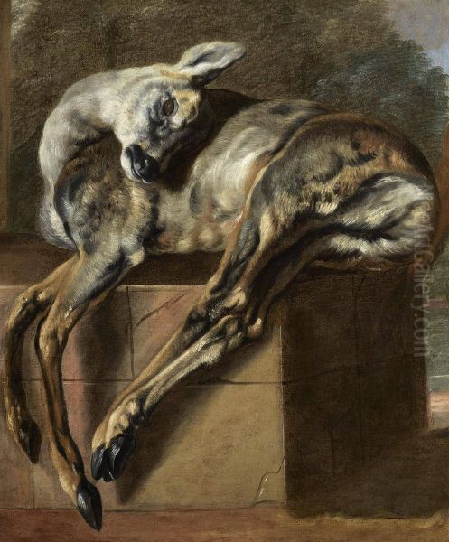 Dead deer on a stone pedestal Oil Painting by Pieter Boel