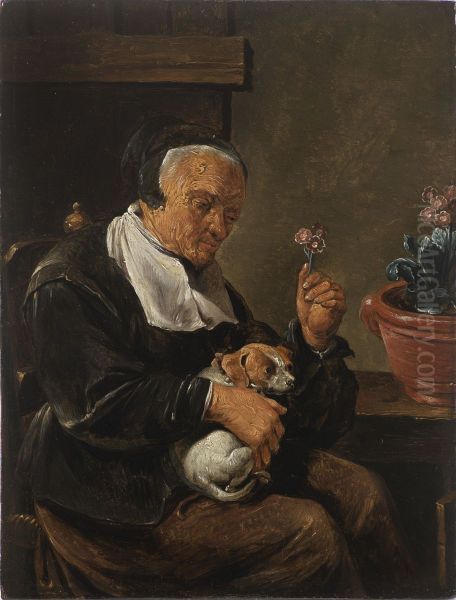 Portrait of an old woman with a dog Oil Painting by Pieter Snyers