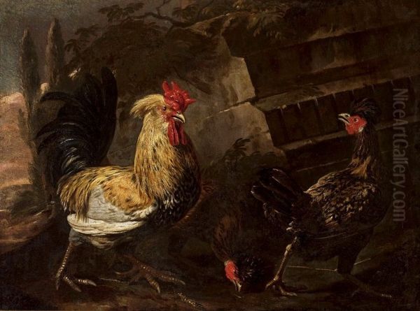 Cock and hens. Oil Painting by Melchior D'Hondecoeter