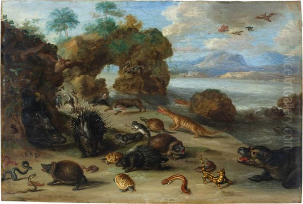 Coastal landscape with seals and squid Oil Painting by Jan van Kessel the Elder