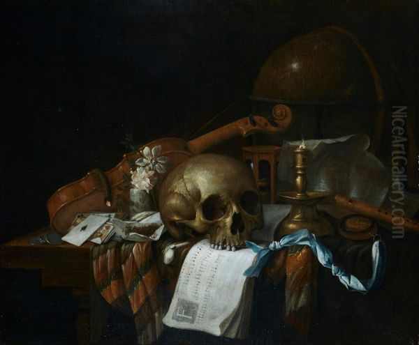 Vanitas still life with a skull, sheet music, violin, globe, candle, hourglass and playing cards, all on a draped table Oil Painting by Cornelis Norbertus Gijsbrechts