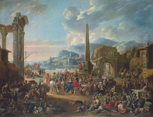 Capriccio of a mediterranean port with Roman ruins Oil Painting by Anton Goubau