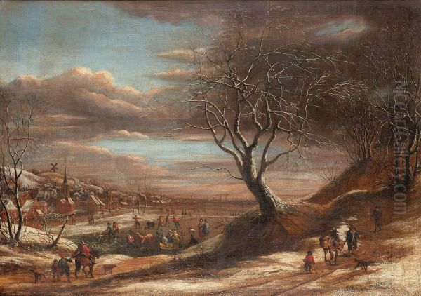 Winter landscape with travellers on a path and figures skating on a lake, a view to a village beyond Oil Painting by Theodoor van Heil