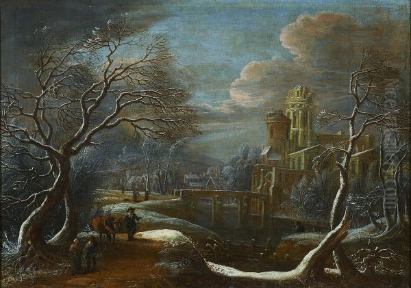 Winter landscape with travellers in the foreground, a castle beside a river beyond Oil Painting by Theodoor van Heil