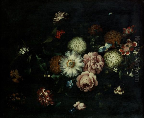 A passion flower, honeysuckle, carnations, roses and other flowers on a stone ledge with a butterfly Oil Painting by Jan Pieter Brueghel