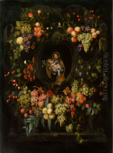 Garland of fruit surrounding a stone cartouche with St. Joseph holding the Christ child Oil Painting by Frans Van Everbroeck