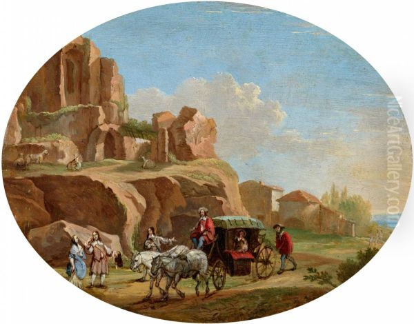 Southern landscape with a carriage Oil Painting by Jan van den Hecke the Younger