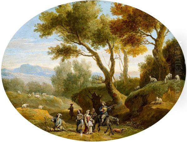 Landscape with shepherds and a party with a man on horseback playing a lute Oil Painting by Jan van den Hecke the Younger