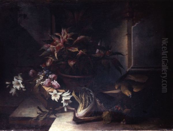 Still life with flowers and a parrot Oil Painting by Nicola van Houbraken