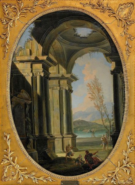 Antique temple ruin with figure scene Oil Painting by Gennaro Greco