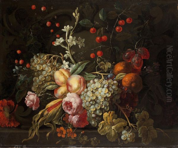 Quince, grapes, cherries and other fruit with roses on a stone ledge Oil Painting by Gaspar Peeter Verbruggen the Younger