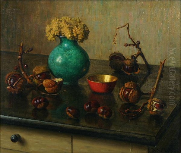 Opstilling med kastanjer, skal og blomster i vase. Oil Painting by Wilhelm Andersen