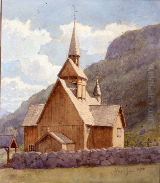 Naes Stavkirke i Hallingdal Oil Painting by Hans Gude