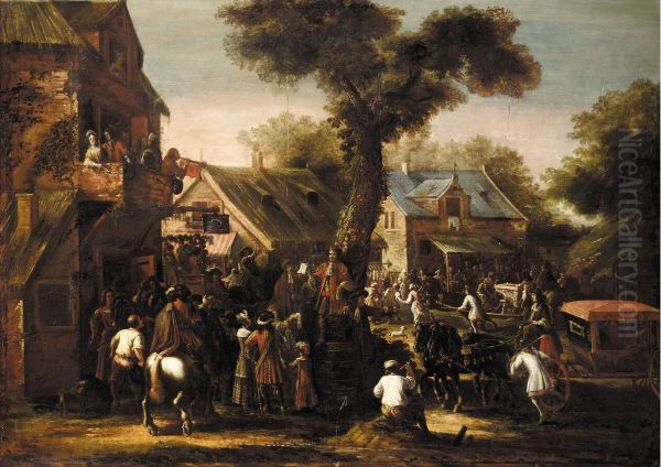 Crowded village scene with a messenger reading a proclamation Oil Painting by Jan Carel van Eyck