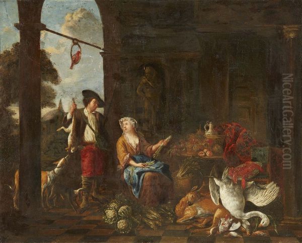 Hunter and maid by a palace Oil Painting by Bernaert De Bridt